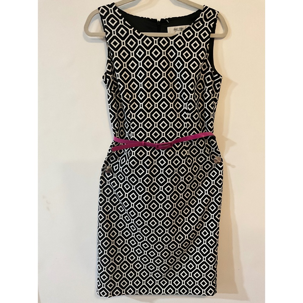 Jones Studio Black White Geometric Sheath Dress Sleeveless Pink Belt Womens 6
